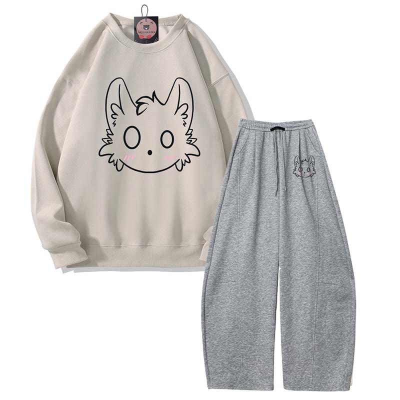 MODAKAWA Little Monster Grafik-Sweatshirt, weite Hose, zweiteiliges Set - Light Beige&Dark Grey - 5XL - image 6