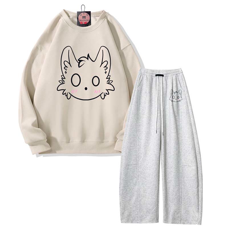 MODAKAWA Little Monster Grafik-Sweatshirt, weite Hose, zweiteiliges Set - Light Beige&Grey - 5XL - image 5