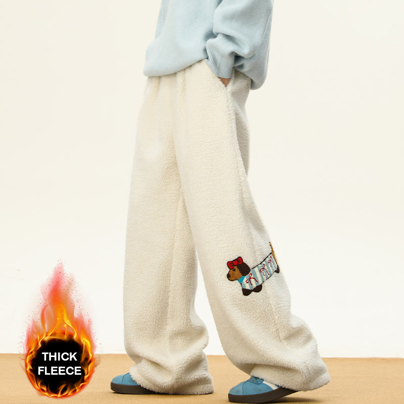 Gemütliche, dicke Sherpa-Fleece-Hose mit Welpenstickerei, Winter-Loungehose - Apricot – Thick Fleece - 3XL - image 3