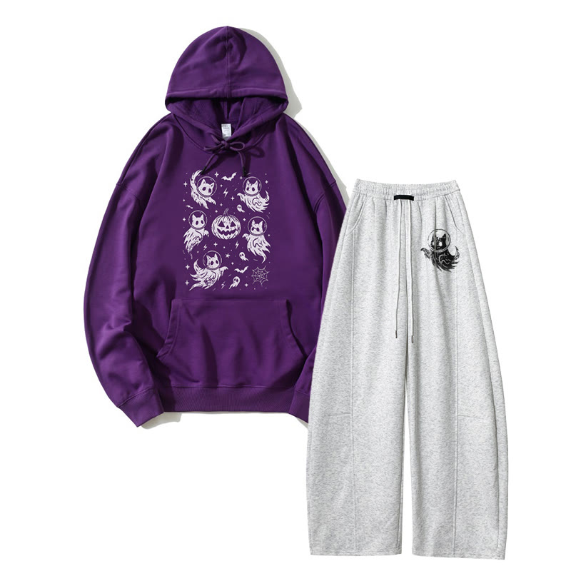 MODAKAWA Ghost Cat Pumpkin Hoodie Wide Leg Pants Zweiteiliges Set - Purple&Grey - 5XL - image 2