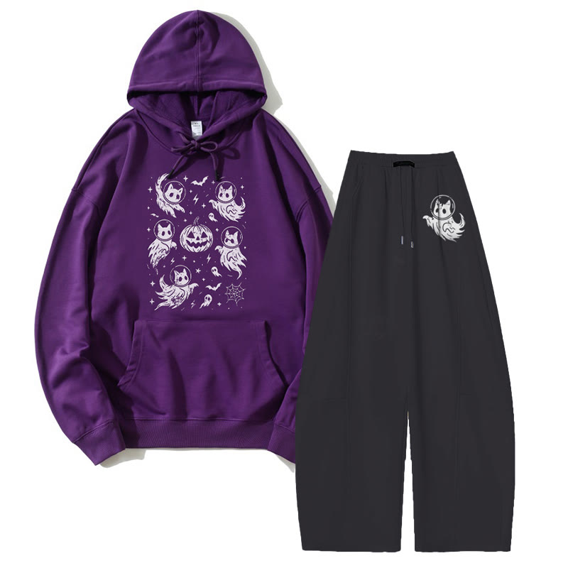 MODAKAWA Ghost Cat Pumpkin Hoodie Wide Leg Pants Zweiteiliges Set - Purple&Black - 5XL - image 1