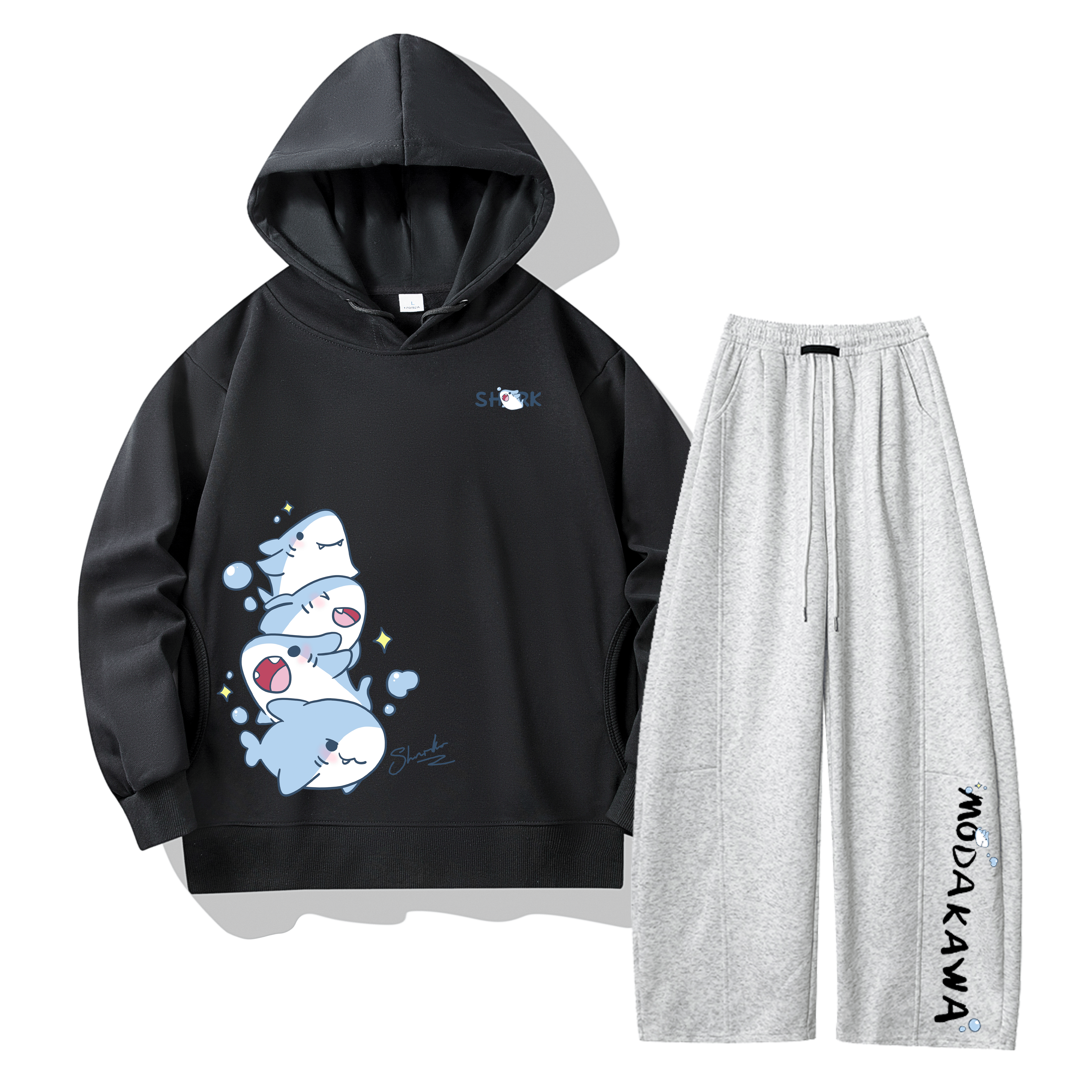 MODAKAWA Zweiteiliges Set: Hoodie mit Hai-Motiv und Seitentaschen, weite Hose - Black&Grey - 4XL - image 2