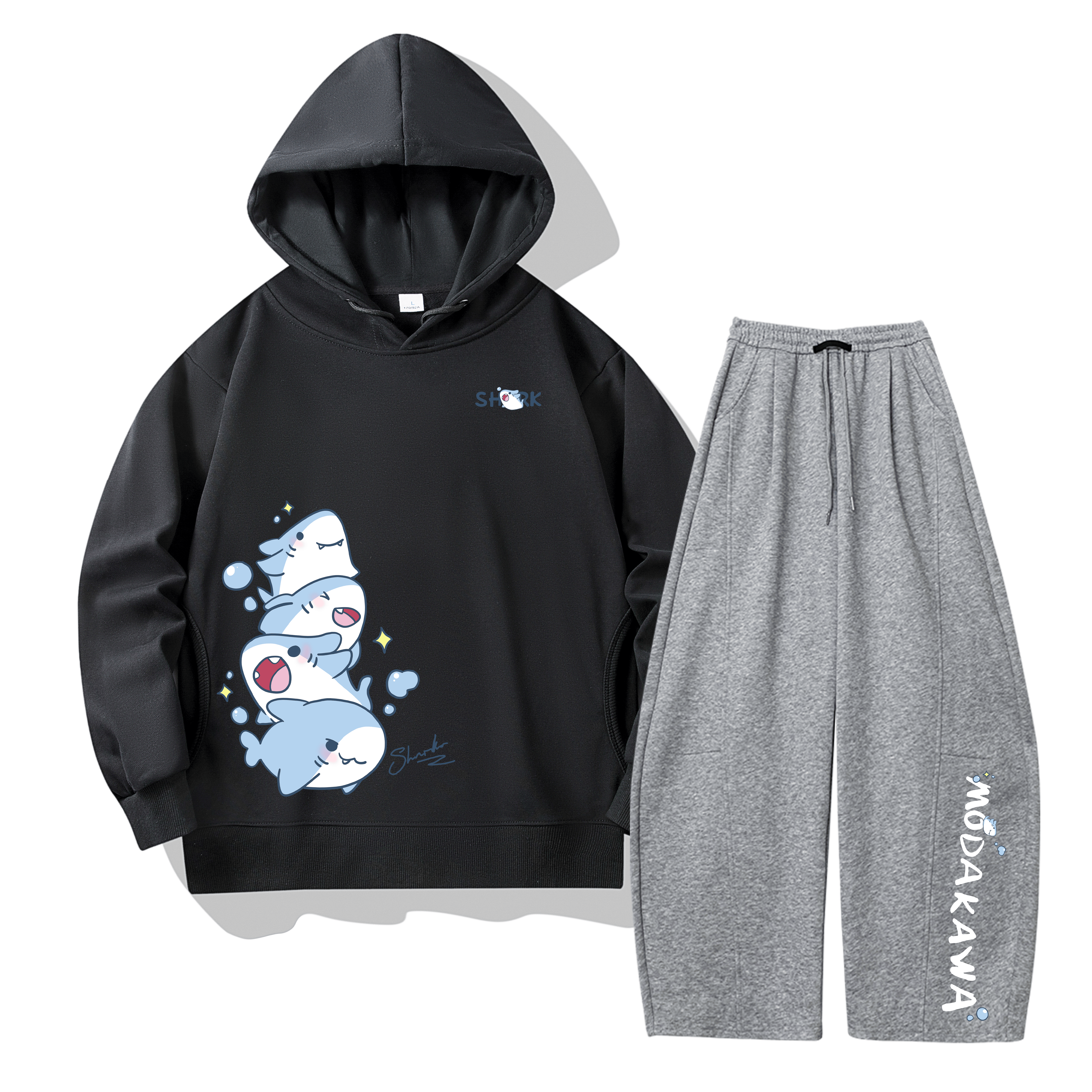 MODAKAWA Zweiteiliges Set: Hoodie mit Hai-Motiv und Seitentaschen, weite Hose - Black&Dark Grey - 4XL - image 1
