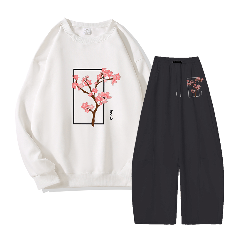 MODAKAWA Zweiteiliges Set: Sweatshirt mit Kirschbaum-Motiv, weite Hose und Sweatshirt - White&Black - 5XL - image 1