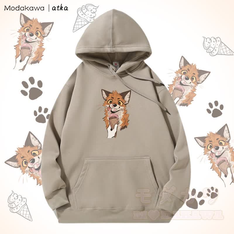 Kapuzenpullover mit Fleecefutter und Fuchs-Eiscreme-Grafik - Helles Khaki - 5XL - image 1