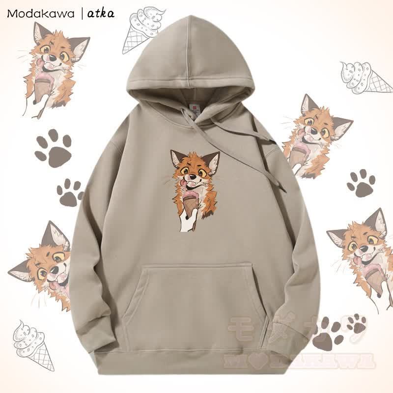 Kapuzenpullover mit Fleecefutter und Fuchs-Eiscreme-Grafik - Helles Khaki - 5XL - image 1