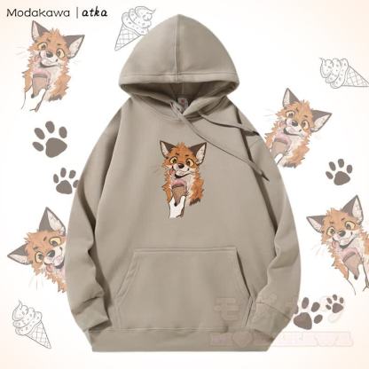 Kapuzenpullover mit Fleecefutter und Fuchs-Eiscreme-Grafik - Helles Khaki - 5XL - image 1