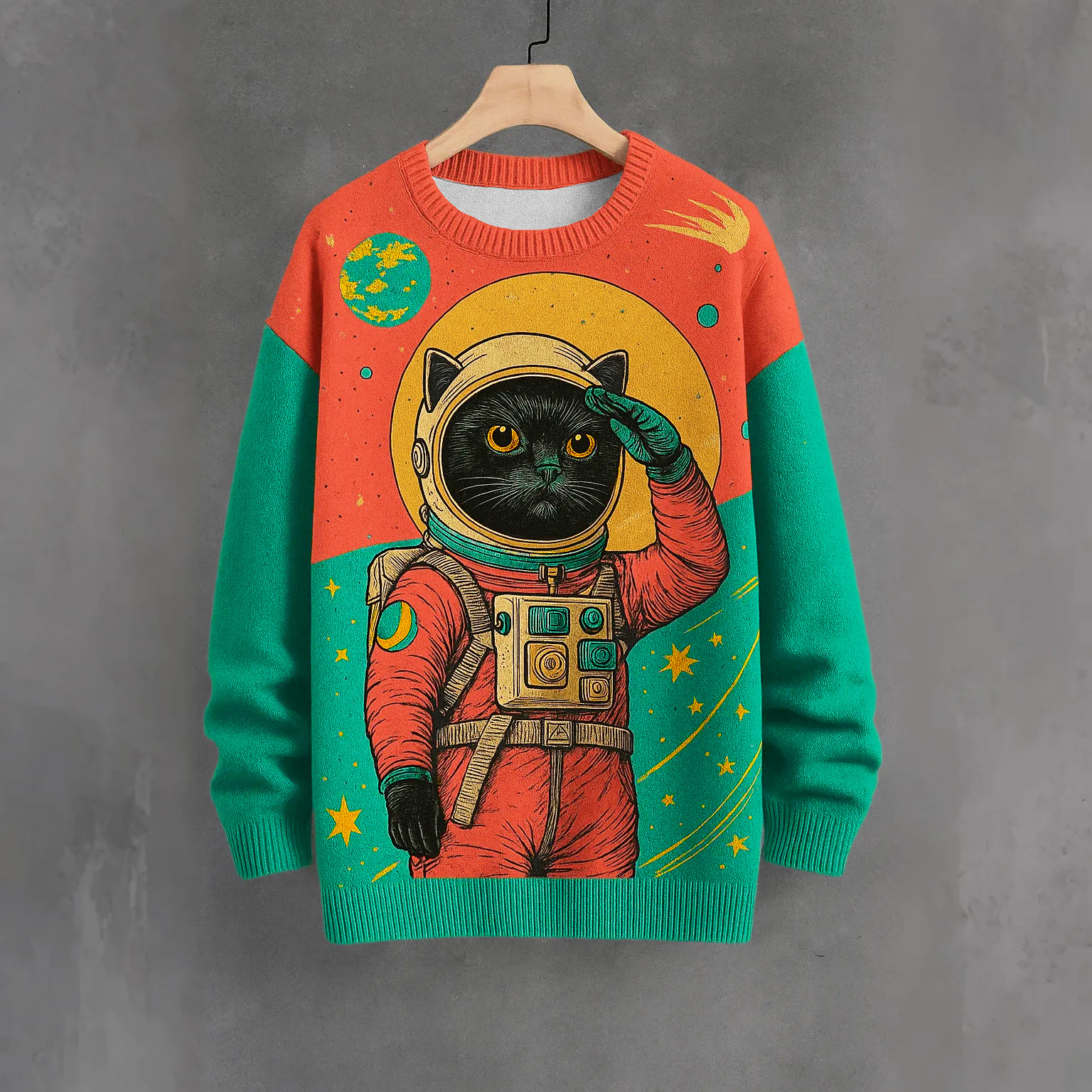 Schwarzes Sweatshirt mit Farben -Print und Katzen-Astronauten-Print - Red&Green - 4XL - image 1