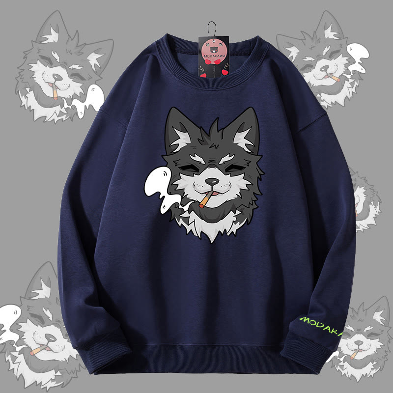 MODAKAWA Smoking Puppy Grafik Unisex Sweatshirt - Purplish Blue - 5XL - image 2