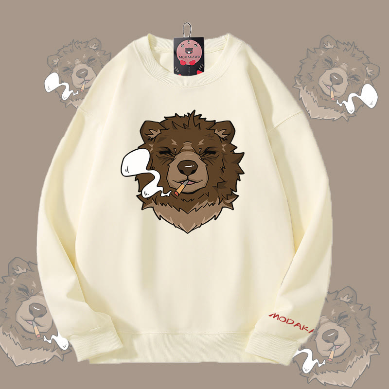 MODAKAWA Smoking Bear Graphic Unisex Sweatshirt - Beige - 5XL - image 2