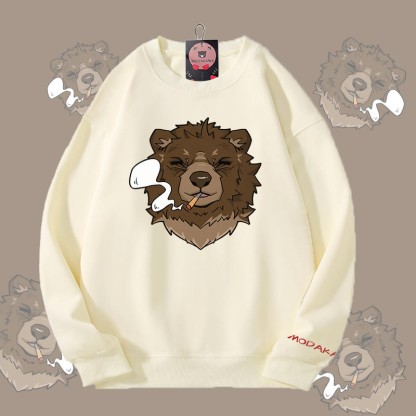 MODAKAWA Smoking Bear Graphic Unisex Sweatshirt - Beige - 5XL - image 2
