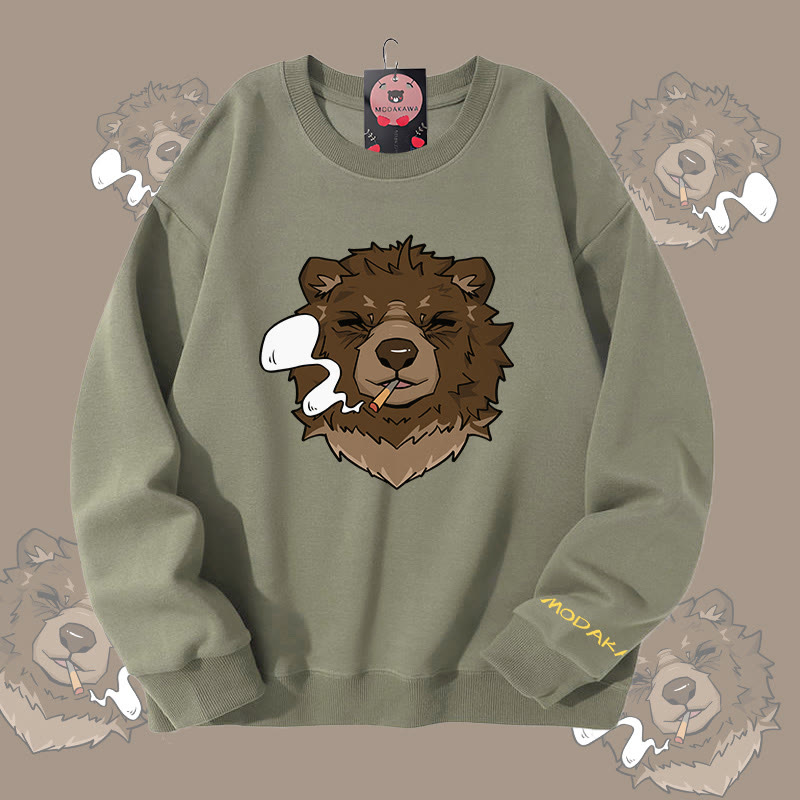 MODAKAWA Smoking Bear Graphic Unisex Sweatshirt - Light Khaki - 5XL - image 1