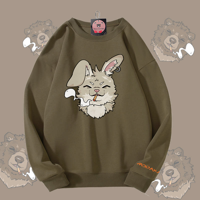 MODAKAWA Smoking Bunny Grafik Unisex Sweatshirt - Khaki - 5XL - image 2