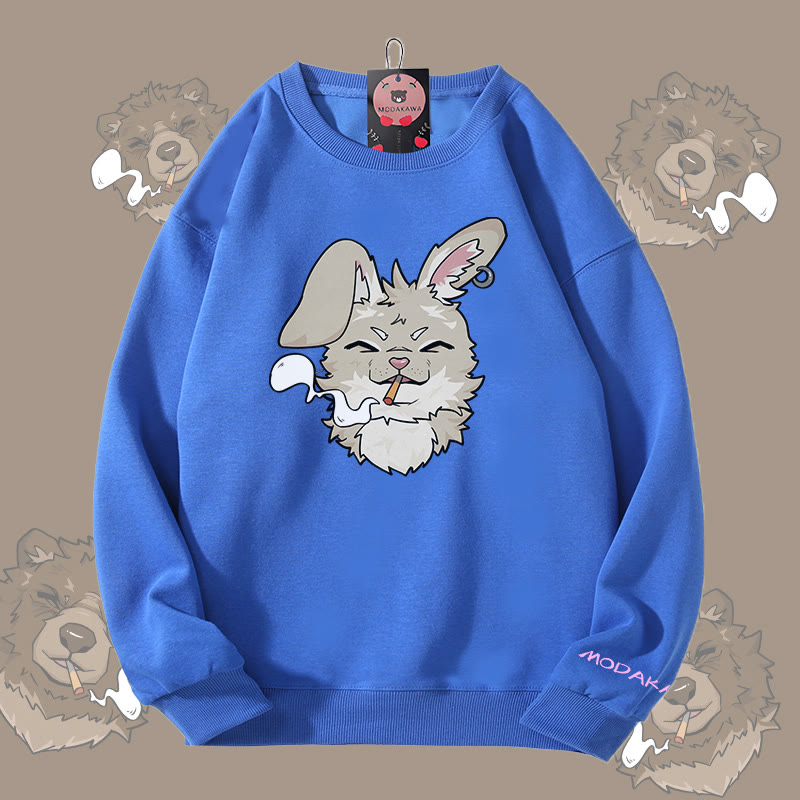 MODAKAWA Smoking Bunny Grafik Unisex Sweatshirt - Blue - 5XL - image 1