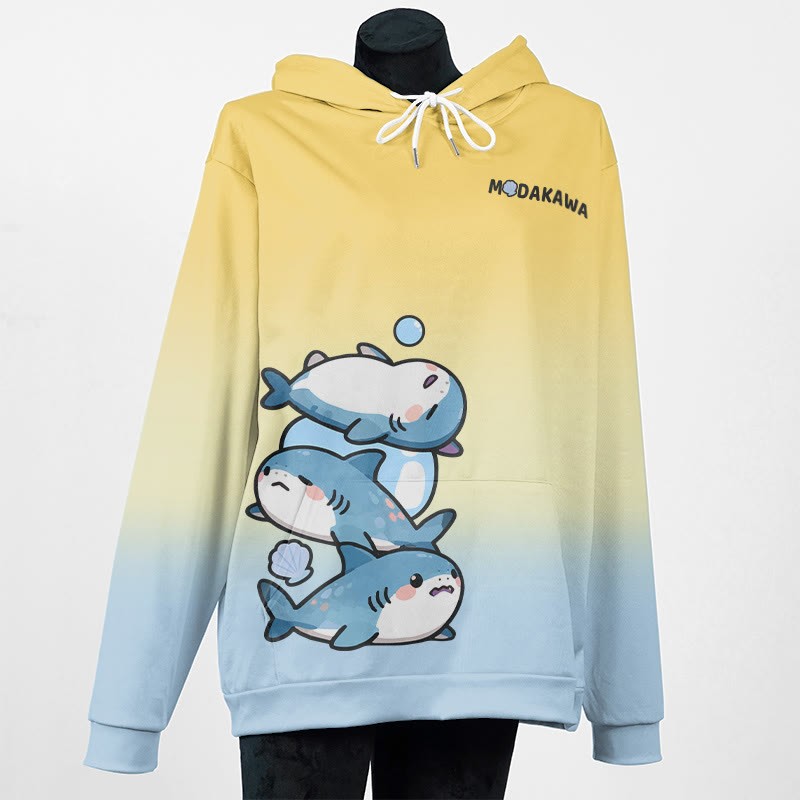 MODAKAWA Gradient Lazy Shark Graphic Pullover Hoodie - Yellow - 5XL - image 5
