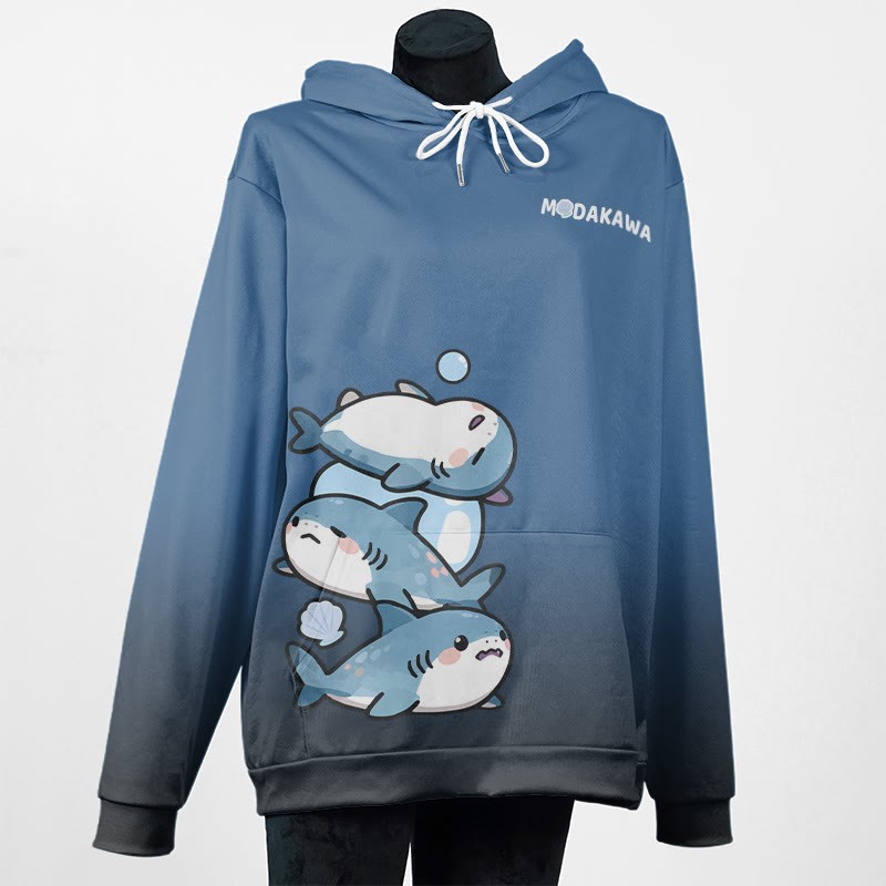 MODAKAWA Gradient Lazy Shark Graphic Pullover Hoodie - Blue B - 5XL - image 3