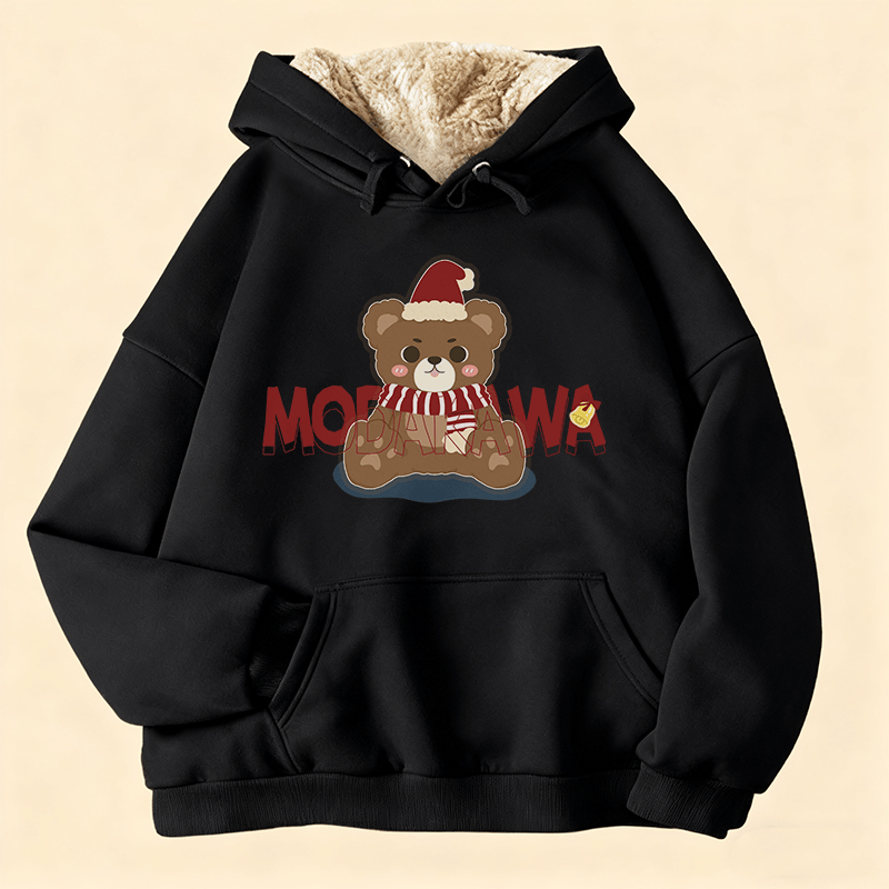MODAKAWA Winterhoodie mit Weihnachtsbär-Motiv, dick gefüttert mit Fleece - Black - 2XL - image 1