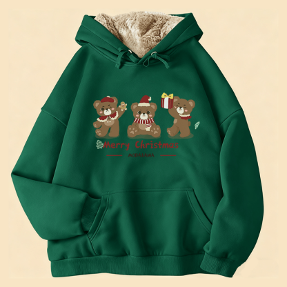 MODAKAWA Winterhoodie mit drei Weihnachtsbären-Motiv, dick gefüttert mit Fleece - Green - 2XL - image 1