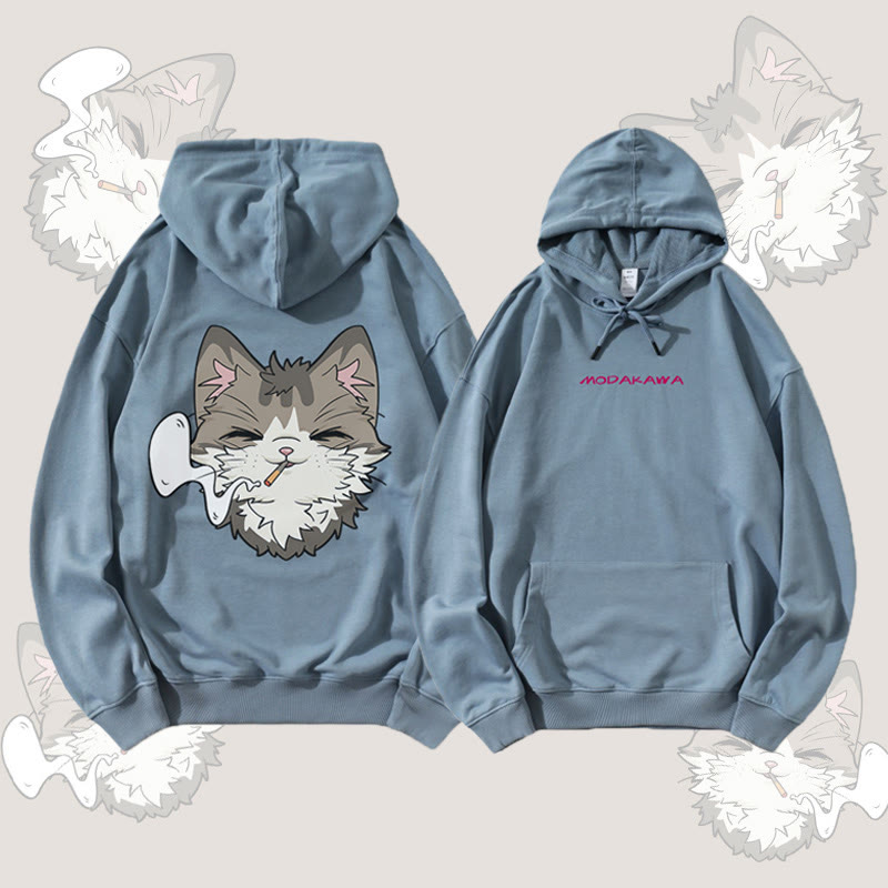 MODAKAWA Smoking Cat Grafik Streetwear Pullover Hoodie - Blue - 5XL - image 1