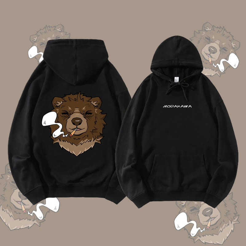 MODAKAWA Smoking Bear Grafik Streetwear Pullover Hoodie - Black - 5XL - image 1