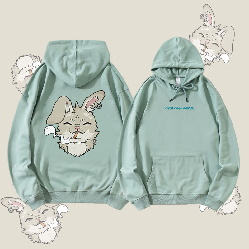 MODAKAWA Smoking Bunny Grafik Streetwear Pullover Hoodie - Green - 5XL - image 1