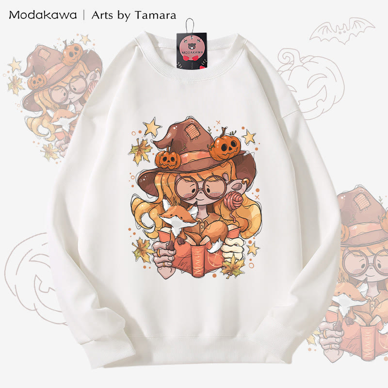 MODAKAWA X Arts by Tamara Witch And Her Fox Halloween Grafik Unisex Sweatshirt - White - 5XL - image 2
