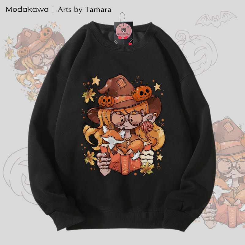 MODAKAWA X Arts by Tamara Witch And Her Fox Halloween Grafik Unisex Sweatshirt - Black - 5XL - image 1