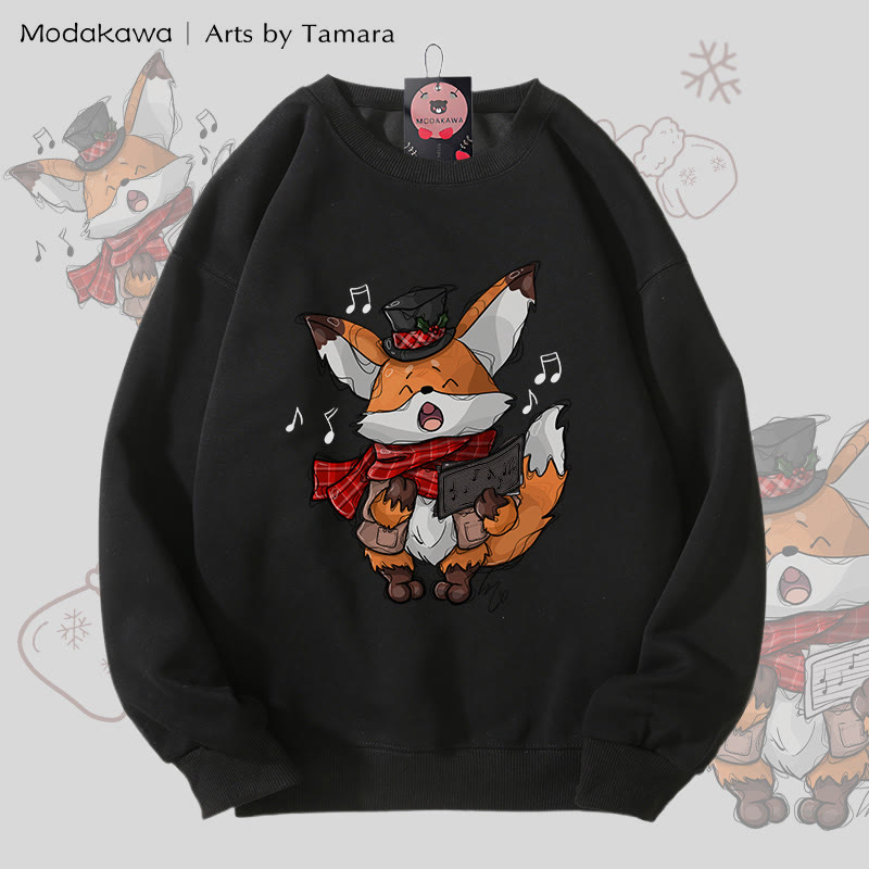 MODAKAWA X Arts by Tamara Singing Fox Christmas Graphic Unisex Sweatshirt - Black - 5XL - image 2