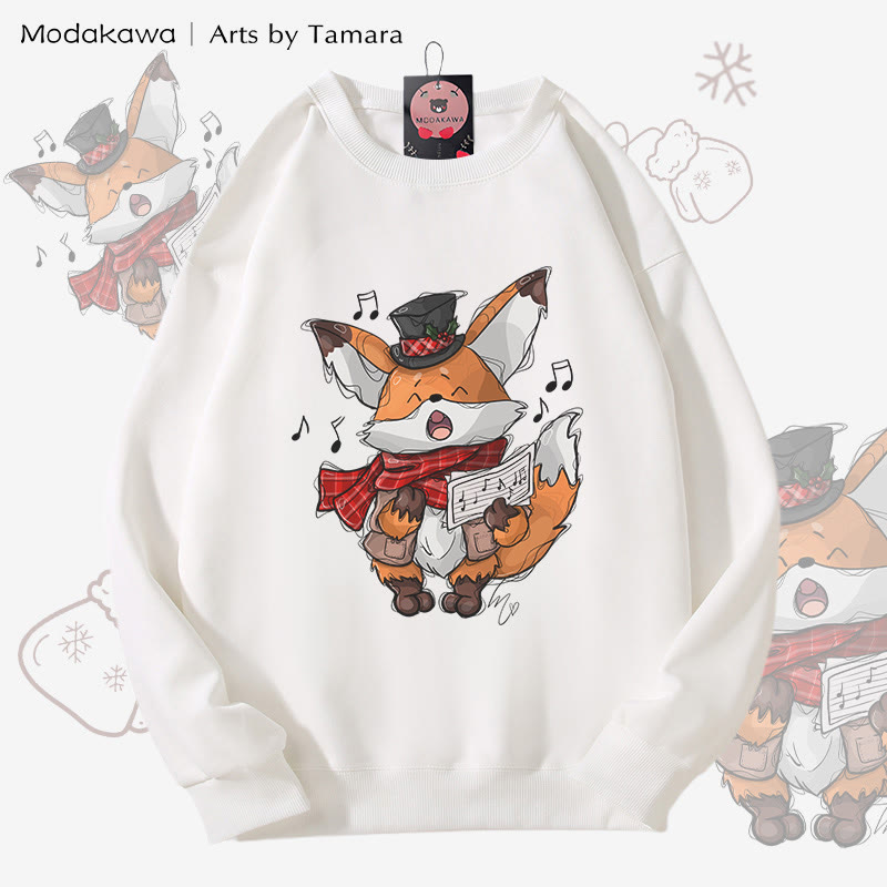 MODAKAWA X Arts by Tamara Singing Fox Christmas Graphic Unisex Sweatshirt - White - 5XL - image 1