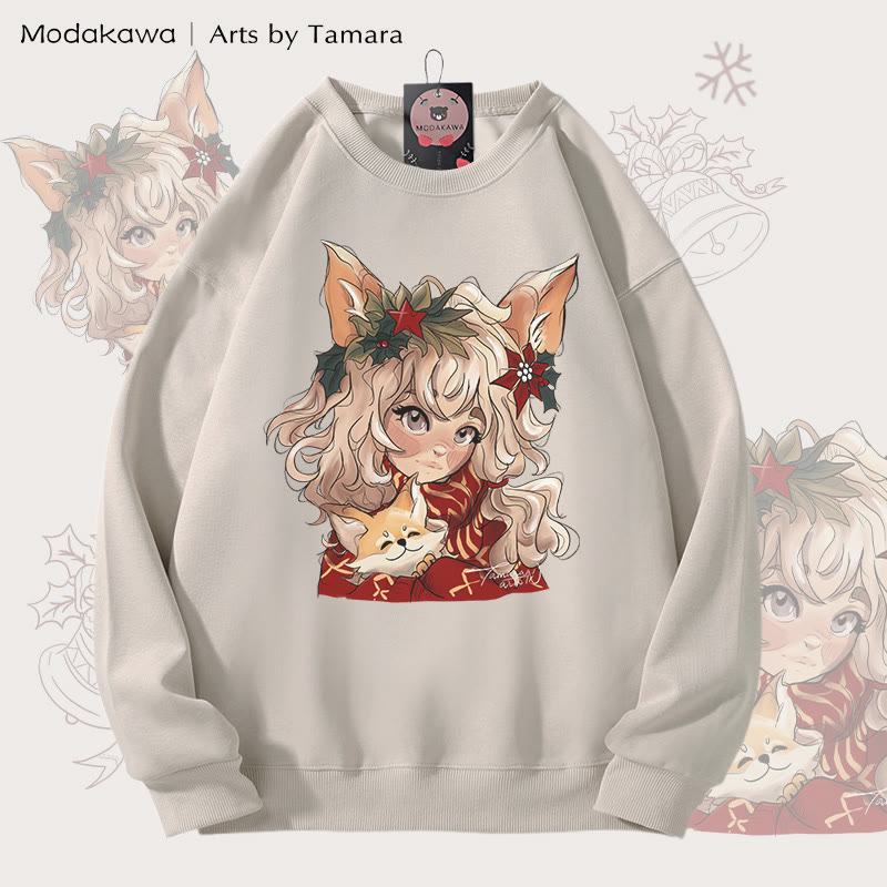 MODAKAWA X Arts by Tamara Fox Girl Weihnachtsmotiv Unisex Sweatshirt - Light Beige - 5XL - image 2