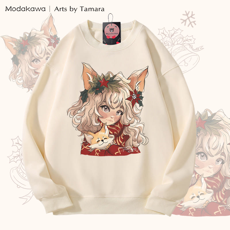 MODAKAWA X Arts by Tamara Fox Girl Weihnachtsmotiv Unisex Sweatshirt - Beige - 5XL - image 1