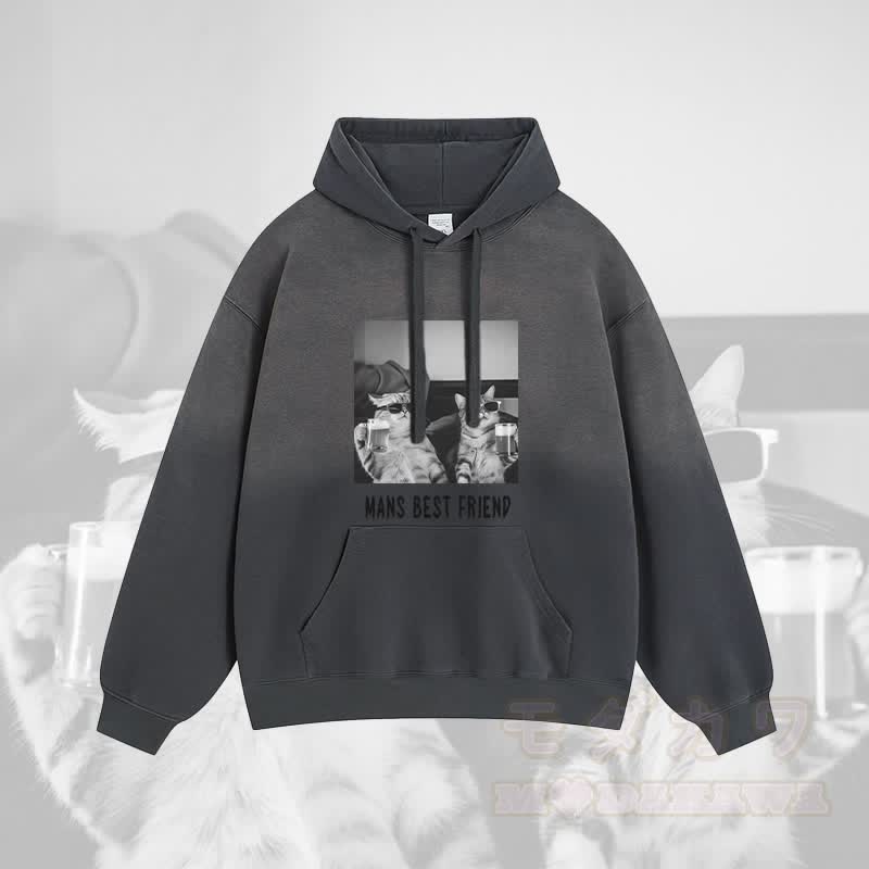 MANS BEST FRIEND Katze trinkt Wein Grafik Gradient Streetwear Hoodie - Dunkelgrau - 2XL - image 2