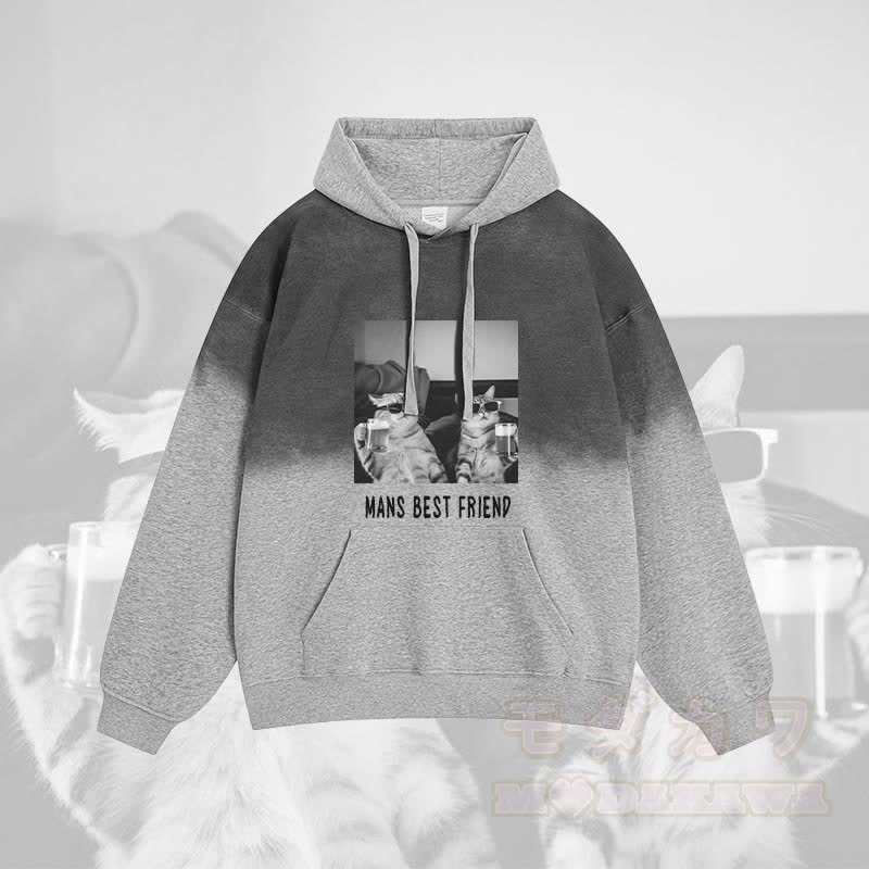 MANS BEST FRIEND Katze trinkt Wein Grafik Gradient Streetwear Hoodie - Grau - 2XL - image 1