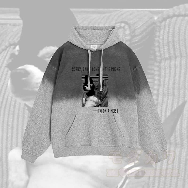 Tut mir leid, ich kann nicht ans Telefon gehen, ich M auf einem Raubüberfall. Welpen-Grafik-Farbverlauf-Streetwear-Hoodie - Grau - 2XL - image 2