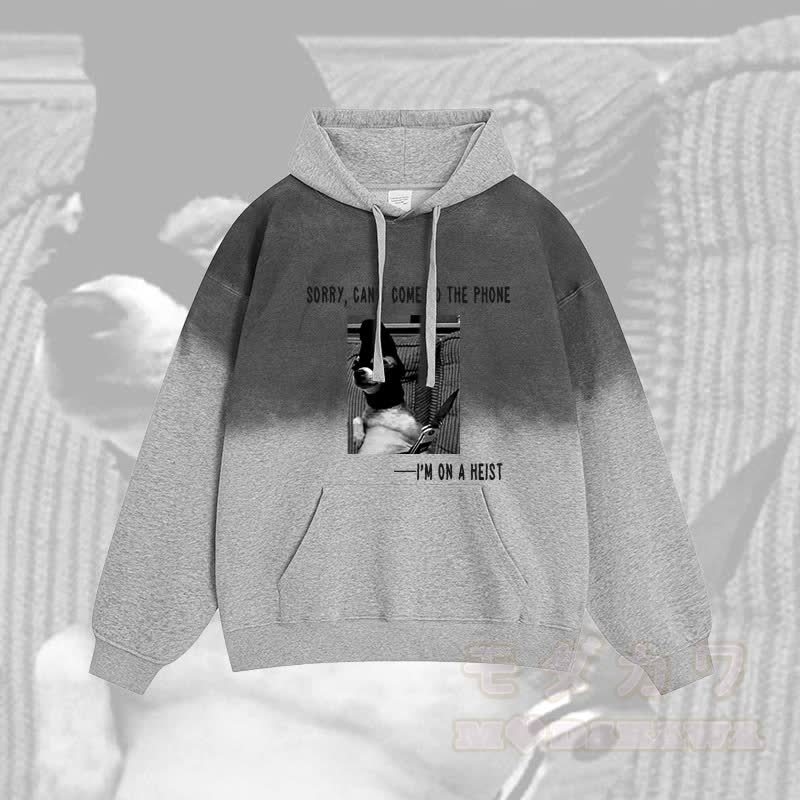 Tut mir leid, ich kann nicht ans Telefon gehen, ich M auf einem Raubüberfall. Welpen-Grafik-Farbverlauf-Streetwear-Hoodie - Grau - 2XL - image 2