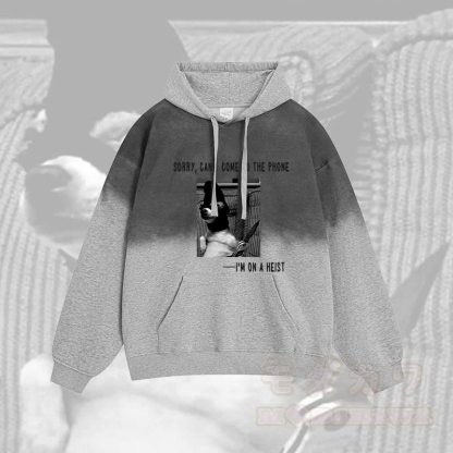 Tut mir leid, ich kann nicht ans Telefon gehen, ich M auf einem Raubüberfall. Welpen-Grafik-Farbverlauf-Streetwear-Hoodie - Grau - 2XL - image 2