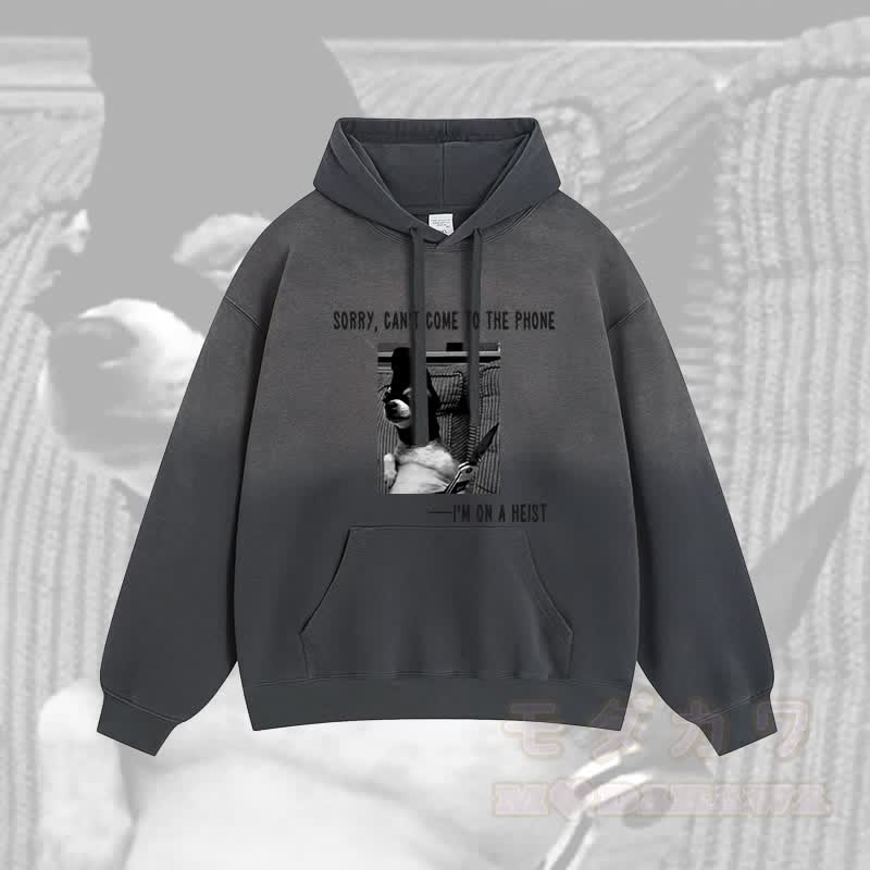 Tut mir leid, ich kann nicht ans Telefon gehen, ich M auf einem Raubüberfall. Welpen-Grafik-Farbverlauf-Streetwear-Hoodie - Dunkelgrau - 2XL - image 1