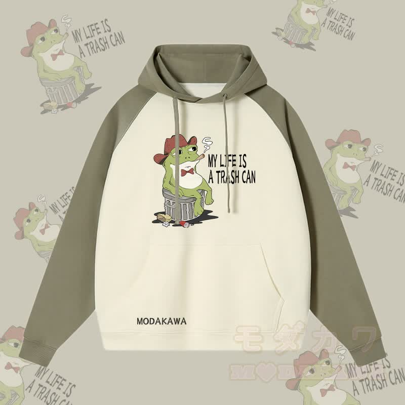 MEIN LEBEN IST EIN MÜLLTONNE Rauchender Frosch Grafik Streetwear Farben Block Hoodie - Grün & Aprikose - 3XL - image 2