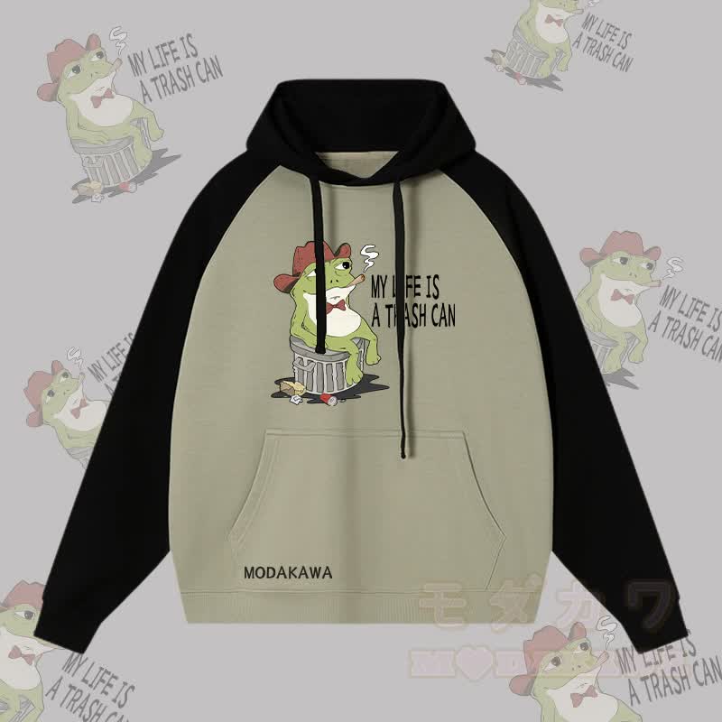 MEIN LEBEN IST EIN MÜLLTONNE Rauchender Frosch Grafik Streetwear Farben Block Hoodie - Schwarz&Grün - 3XL - image 1