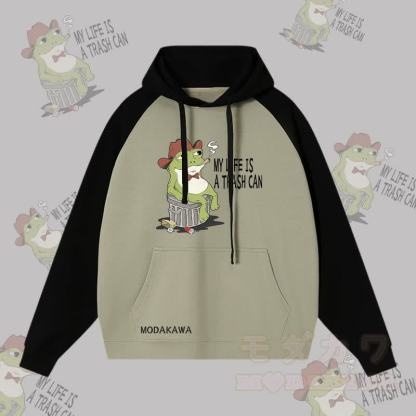 MEIN LEBEN IST EIN MÜLLTONNE Rauchender Frosch Grafik Streetwear Farben Block Hoodie - Schwarz&Grün - 3XL - image 1
