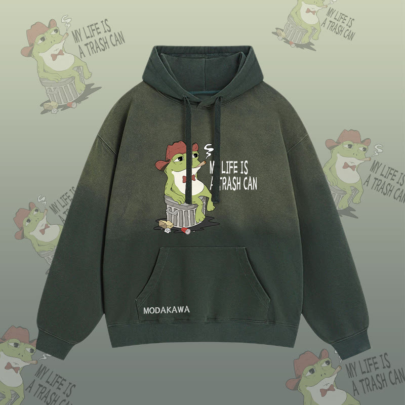 Mein Leben ist ein Mülleimer – Streetwear-Hoodie mit Raucherfrosch-Grafik und Farbverlauf - Green - 2XL - image 1