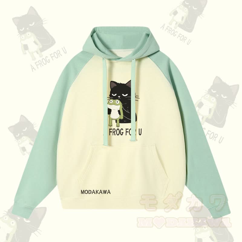 A FROG FOR U – Streetwear-Hoodie mit schwarzer Katze und Frosch-Grafik in Farben -Optik - Hellgrün&Aprikose - 3XL - image 2