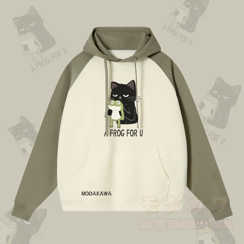 A FROG FOR U – Streetwear-Hoodie mit schwarzer Katze und Frosch-Grafik in Farben -Optik - Grün & Aprikose - 3XL - image 1