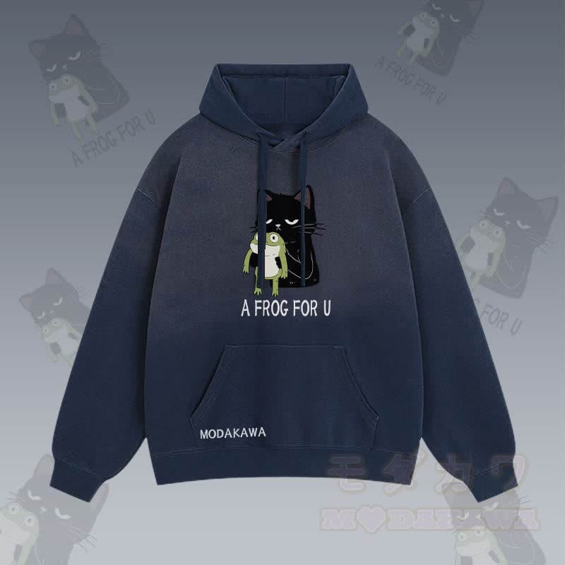 A FROG FOR U – Streetwear-Hoodie mit schwarzer Katze und Frosch-Grafik und Farbverlauf - Purpurblau - 2XL - image 3
