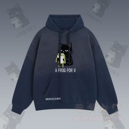A FROG FOR U – Streetwear-Hoodie mit schwarzer Katze und Frosch-Grafik und Farbverlauf - Purpurblau - 2XL - image 3
