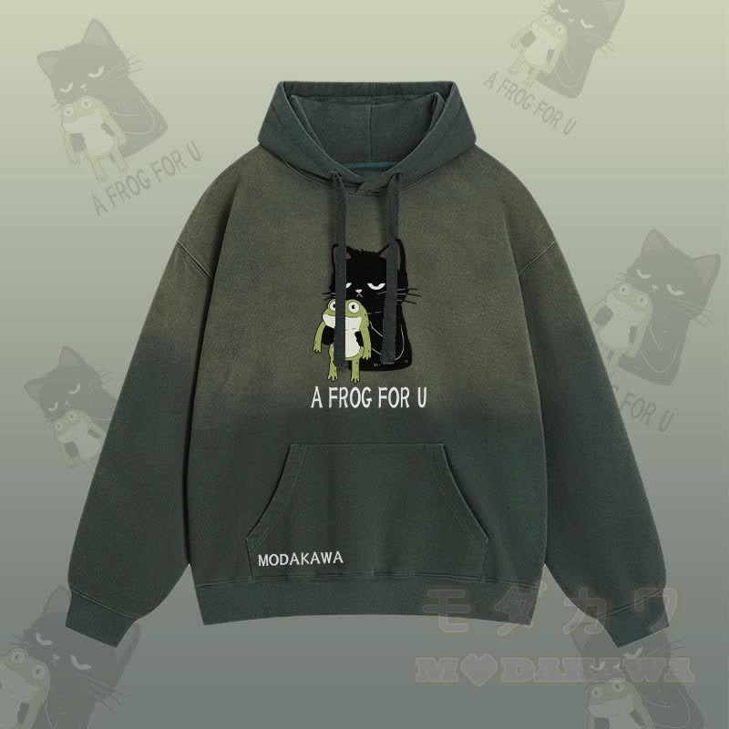 A FROG FOR U – Streetwear-Hoodie mit schwarzer Katze und Frosch-Grafik und Farbverlauf - Grün - 2XL - image 2