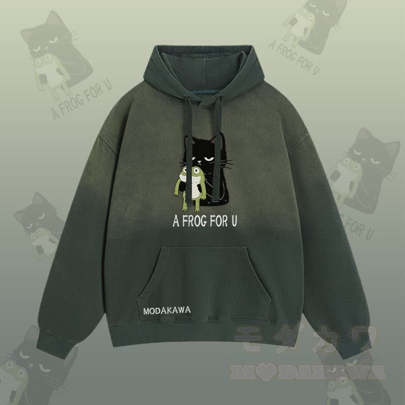 A FROG FOR U – Streetwear-Hoodie mit schwarzer Katze und Frosch-Grafik und Farbverlauf - Grün - 2XL - image 2