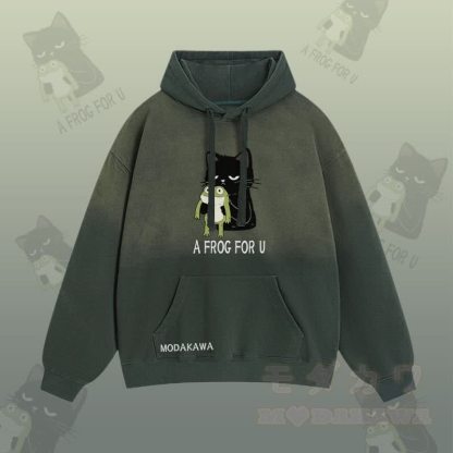 A FROG FOR U – Streetwear-Hoodie mit schwarzer Katze und Frosch-Grafik und Farbverlauf - Grün - 2XL - image 2