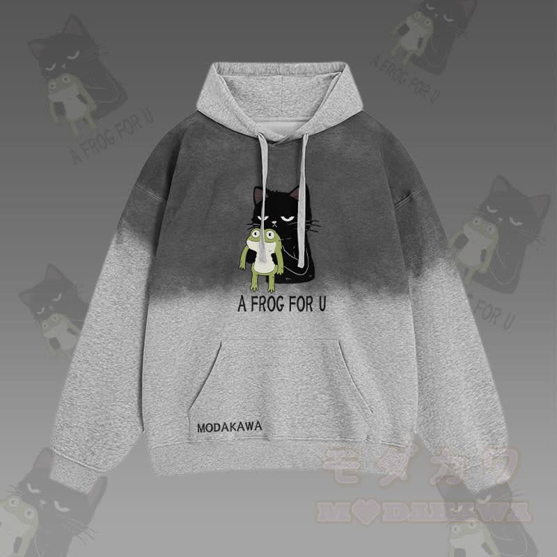 A FROG FOR U – Streetwear-Hoodie mit schwarzer Katze und Frosch-Grafik und Farbverlauf - Grau - 2XL - image 1