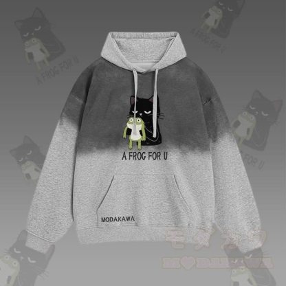 A FROG FOR U – Streetwear-Hoodie mit schwarzer Katze und Frosch-Grafik und Farbverlauf - Grau - 2XL - image 1